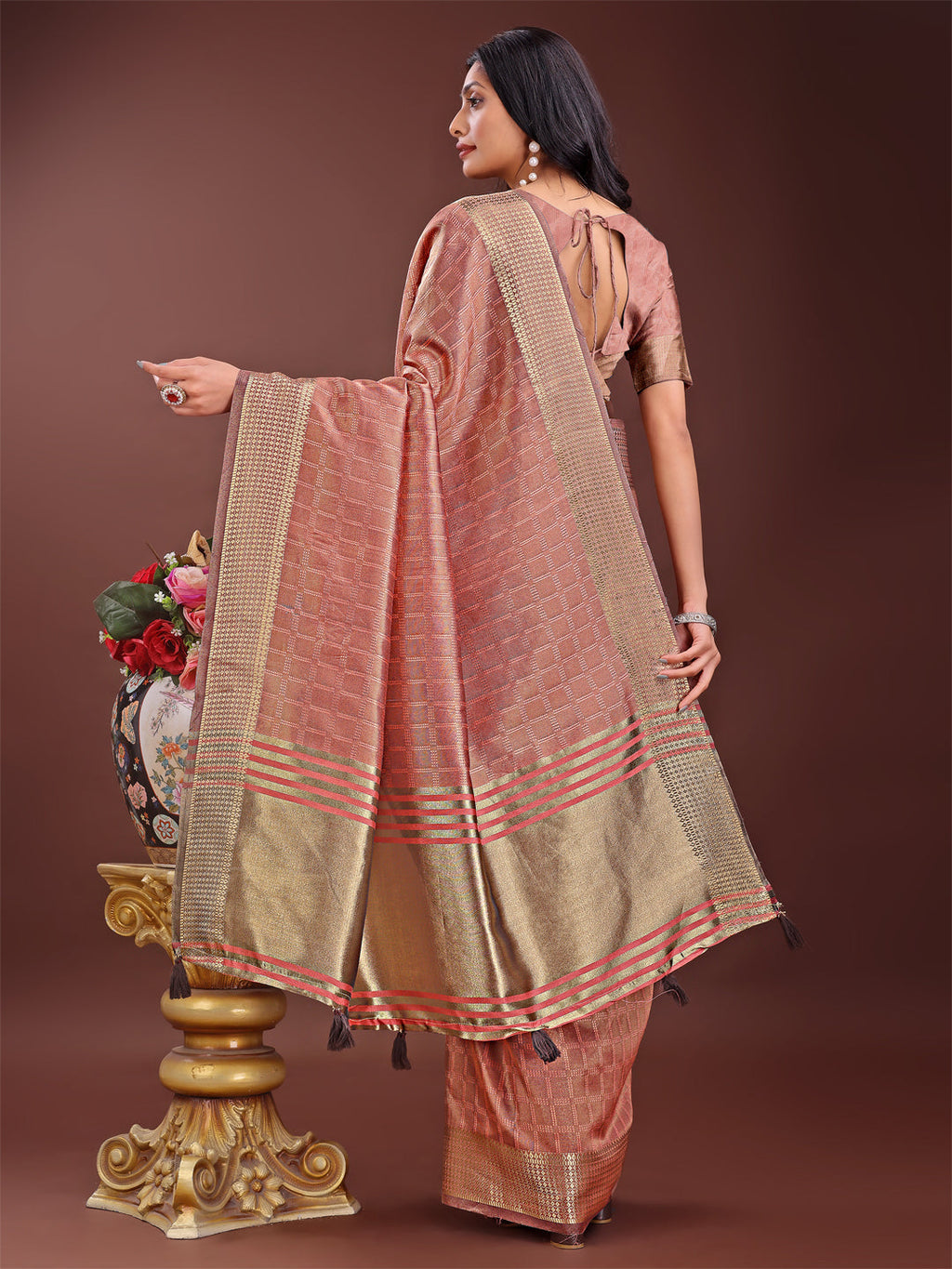 Peach Organza Saree with Golden Zari Border and Blouse