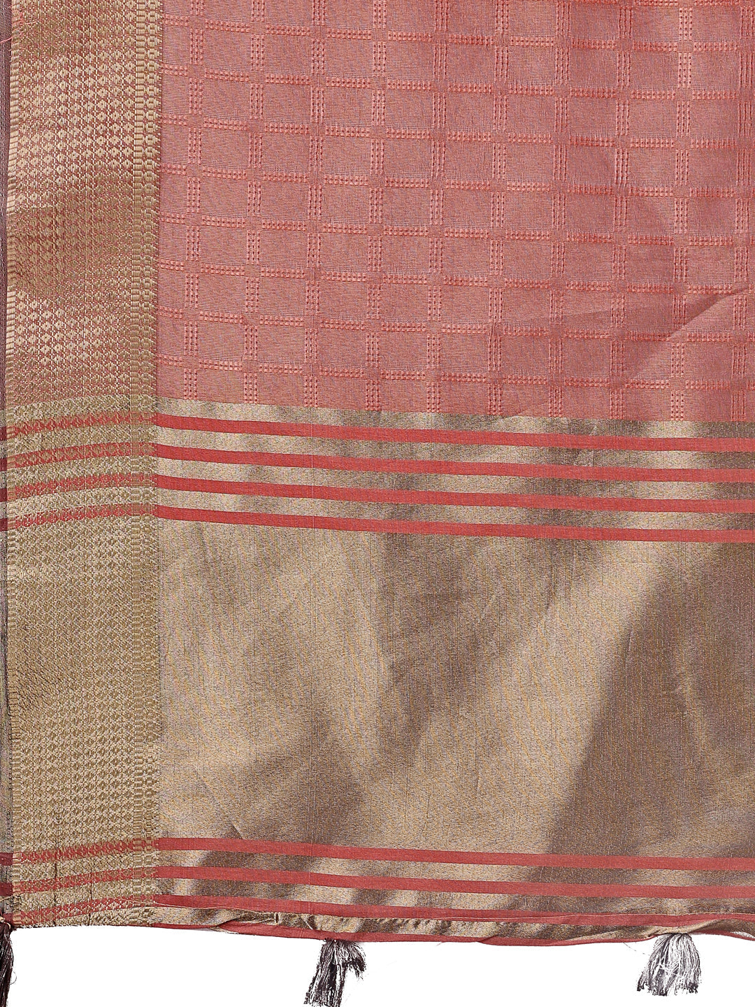Peach Organza Saree with Golden Zari Border and Blouse