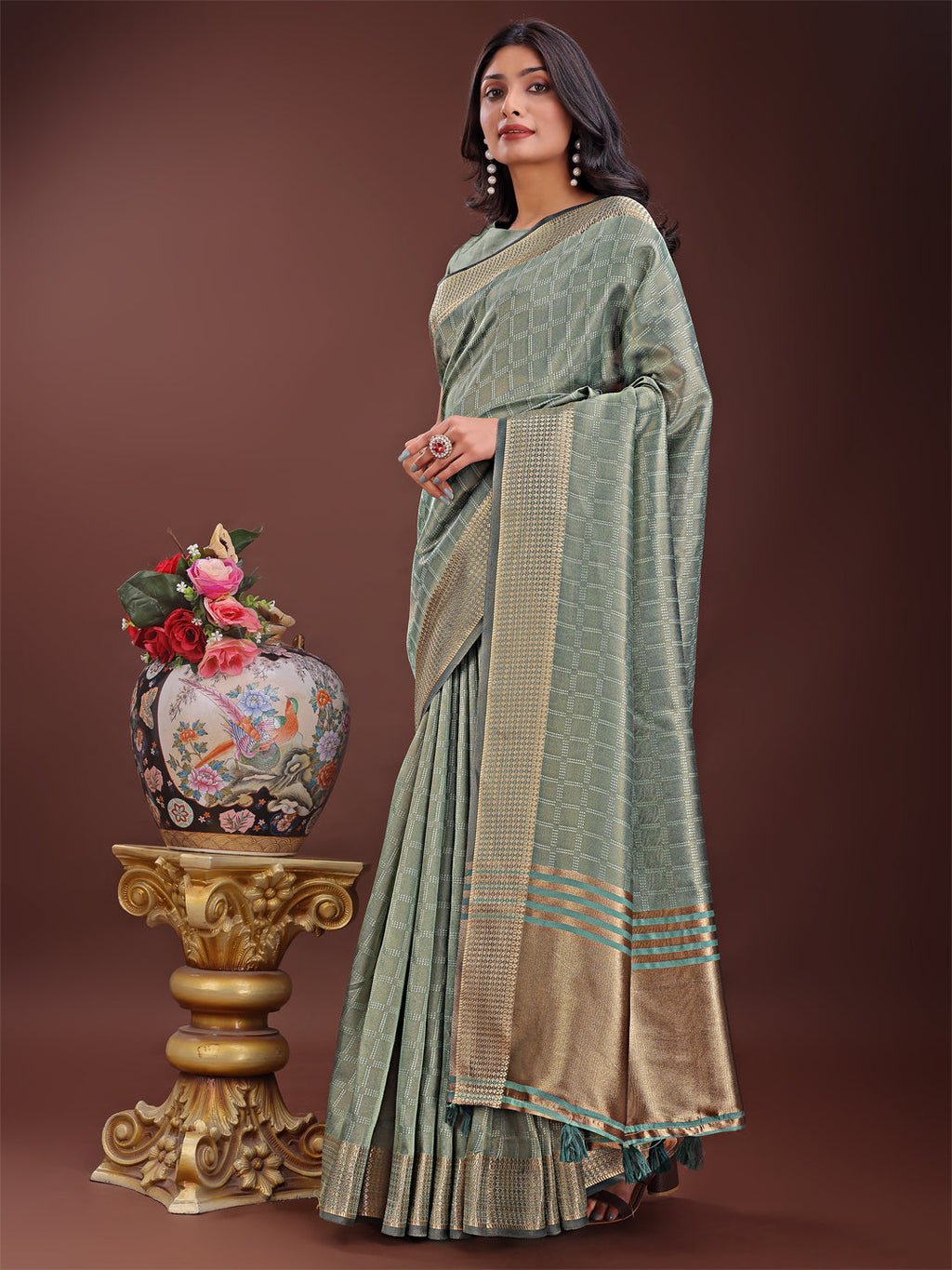 Light Green Organza Saree with Golden Zari Border and Blouse