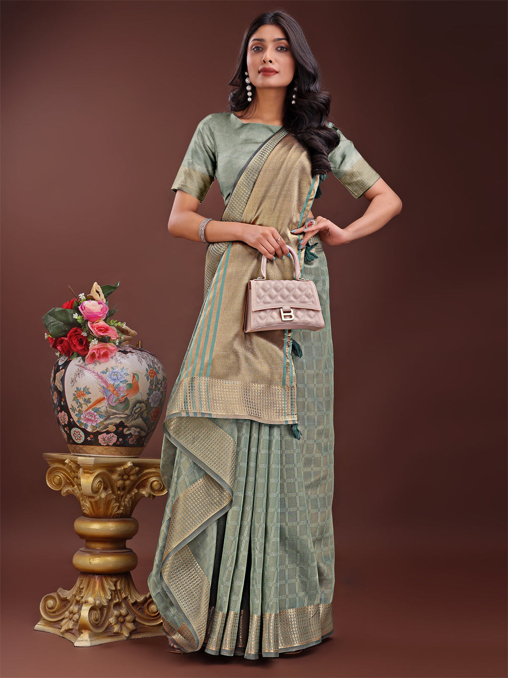 Light Green Organza Saree with Golden Zari Border and Blouse