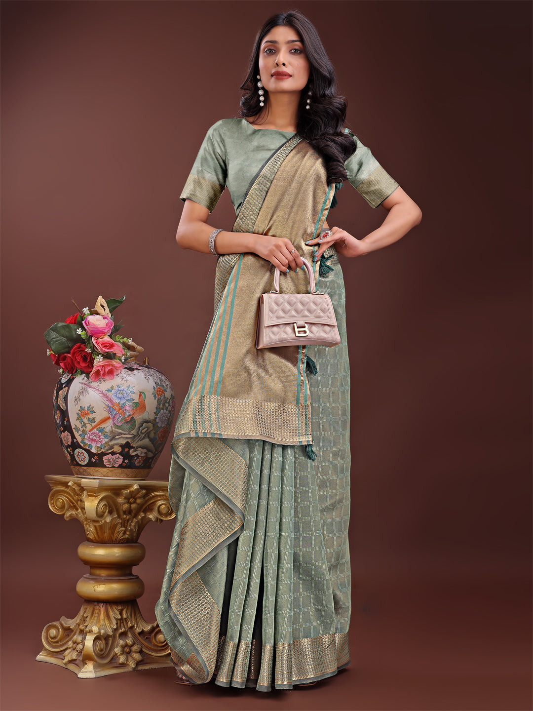Light Green Organza Saree with Golden Zari Border and Blouse