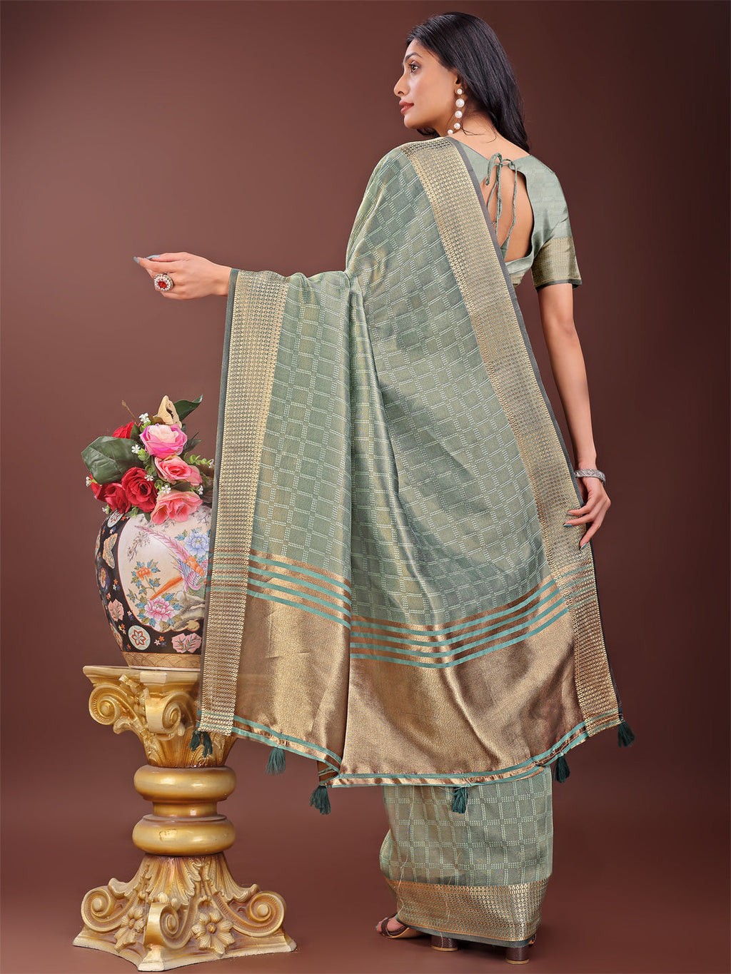 Light Green Organza Saree with Golden Zari Border and Blouse
