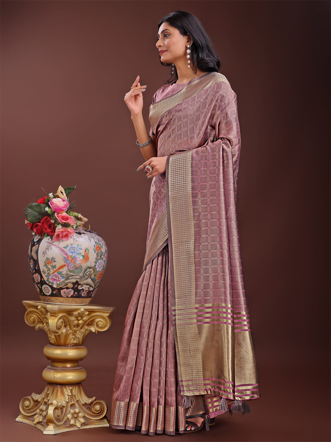 Magenta Organza Saree with Golden Zari Border and Blouse