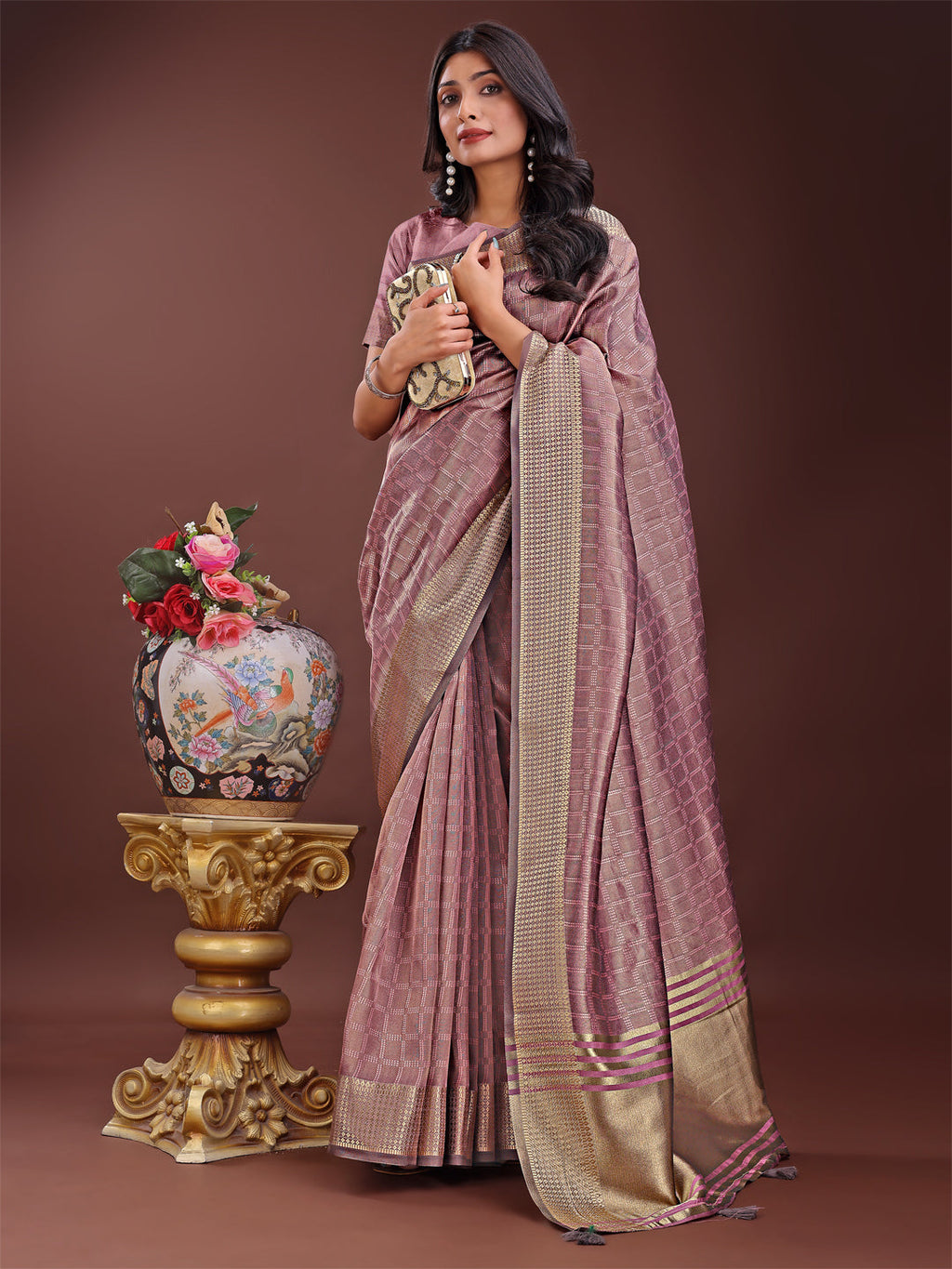 Magenta Organza Saree with Golden Zari Border and Blouse