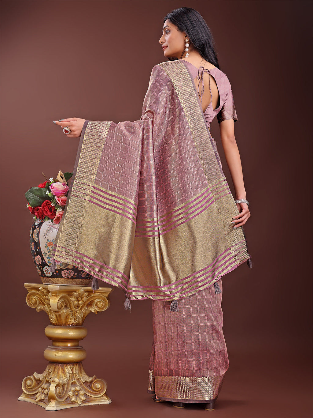 Magenta Organza Saree with Golden Zari Border and Blouse