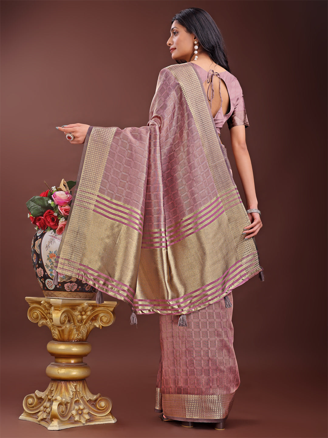 Magenta Organza Saree with Golden Zari Border and Blouse