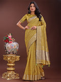 Mustard yellow organza saree with intricate golden zari border