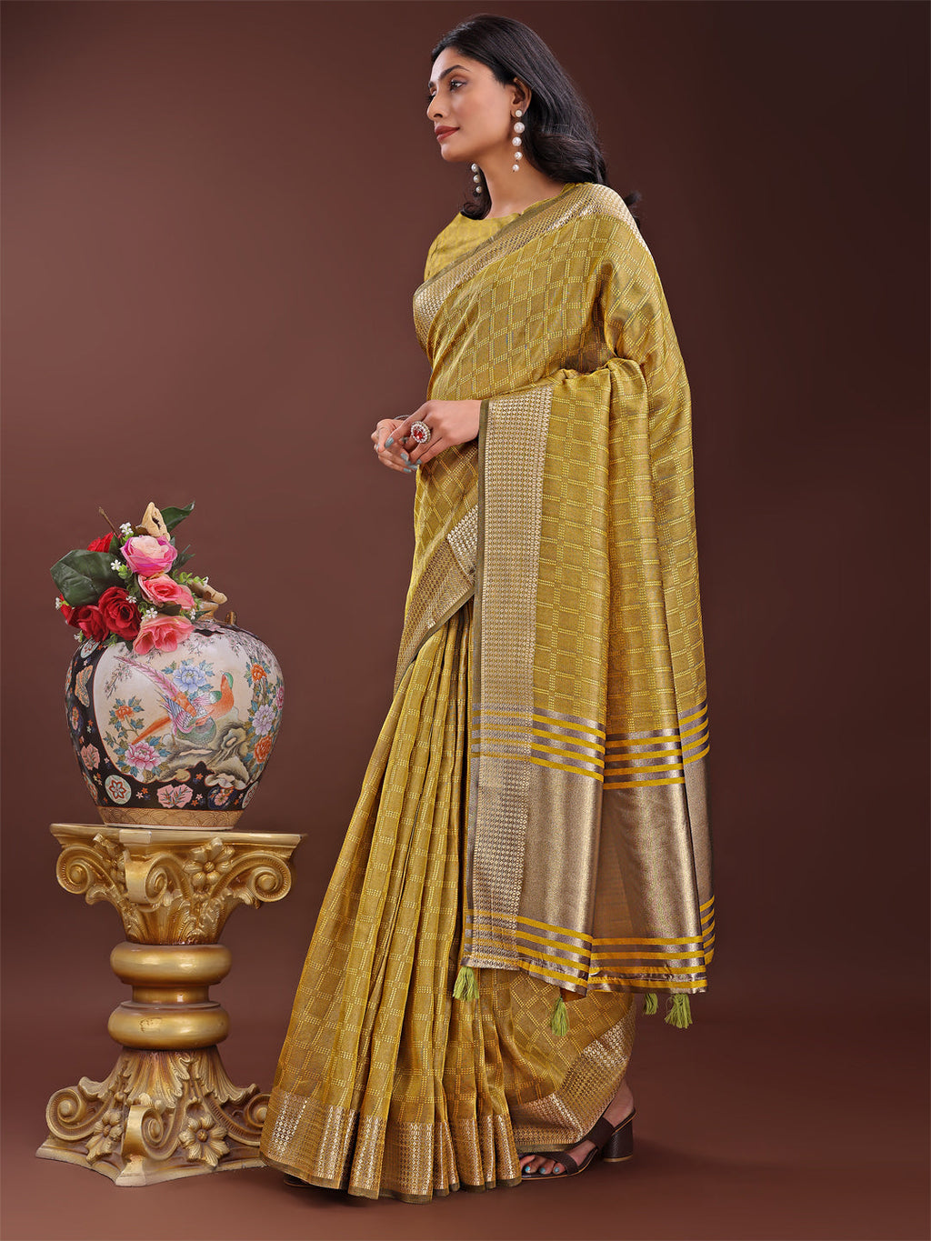 Mustard Organza Saree with Golden Zari Border and Blouse