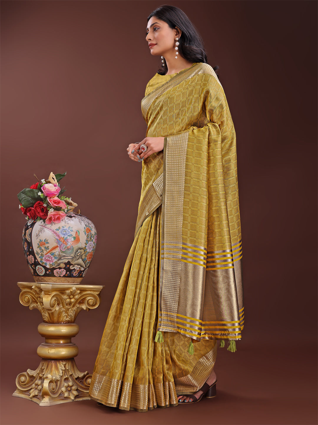 Mustard Organza Saree with Golden Zari Border and Blouse