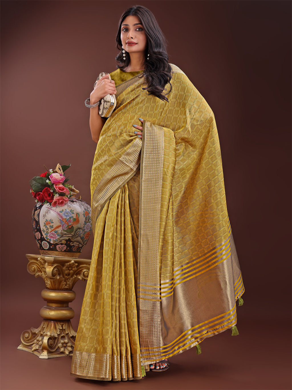 Mustard Organza Saree with Golden Zari Border and Blouse