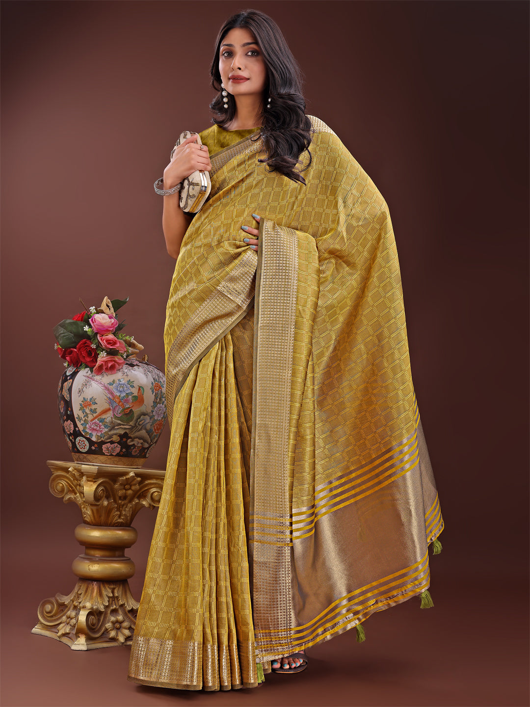 Mustard Organza Saree with Golden Zari Border and Blouse