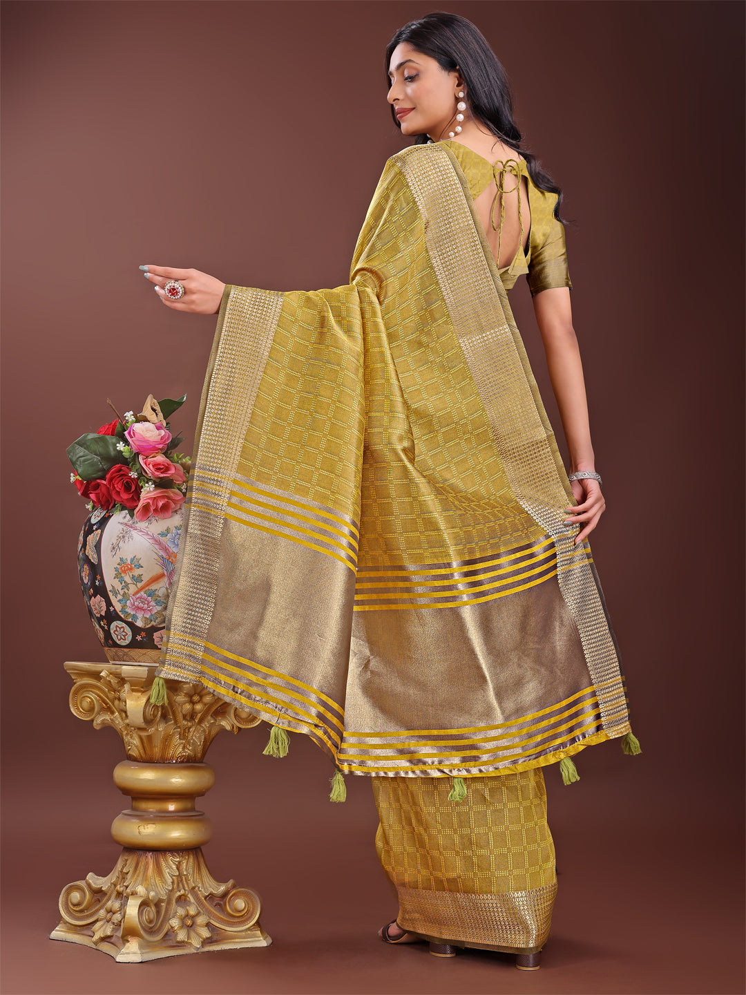 Mustard Organza Saree with Golden Zari Border and Blouse