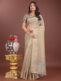 Beige linen saree with golden zari border and elegant pallu