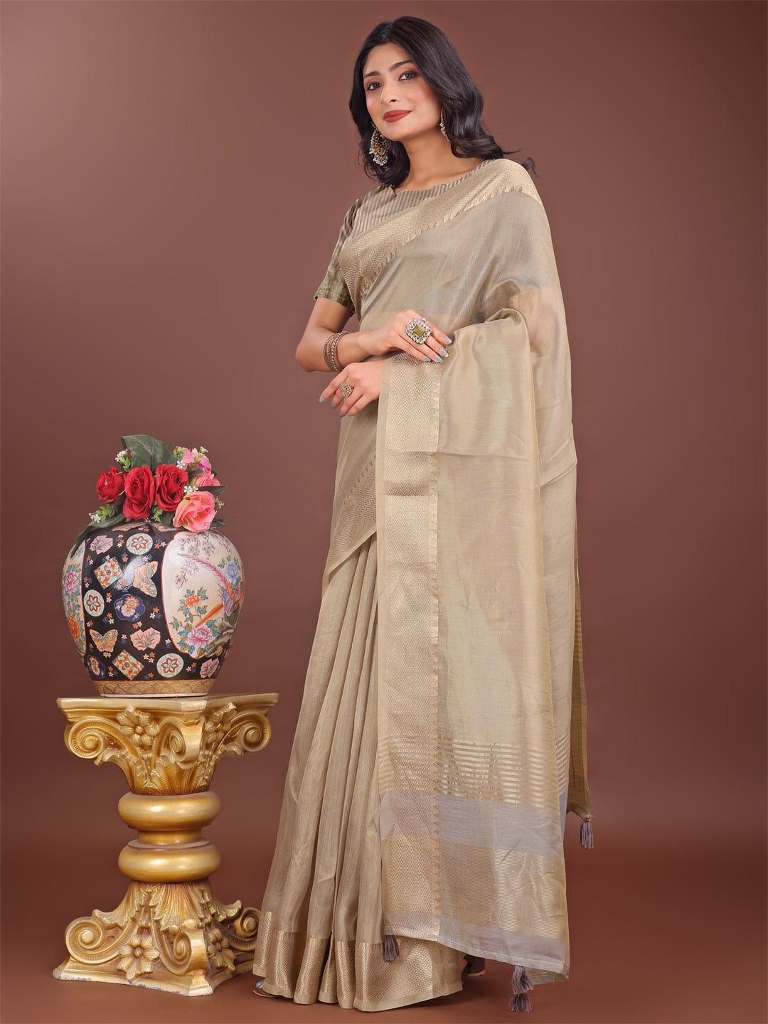 Beige Linen Saree with Golden Zari Border