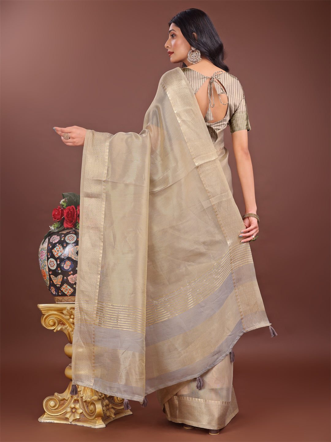 Beige Linen Saree with Golden Zari Border