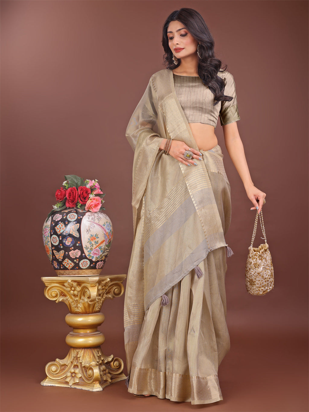 Beige Linen Saree with Golden Zari Border