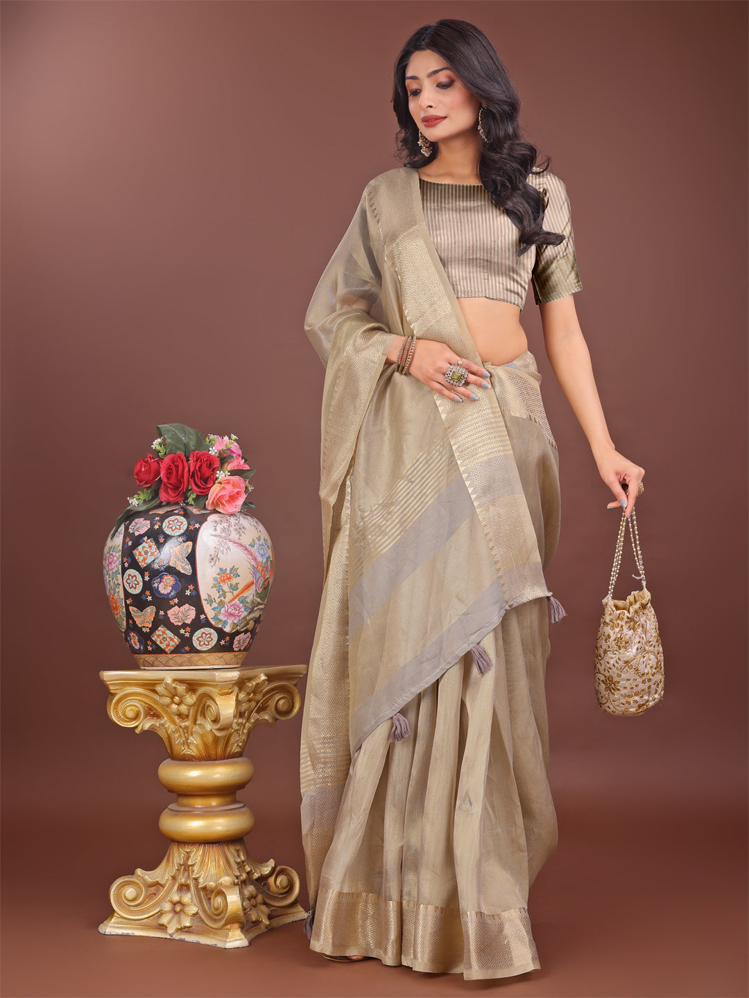 Beige Linen Saree with Golden Zari Border