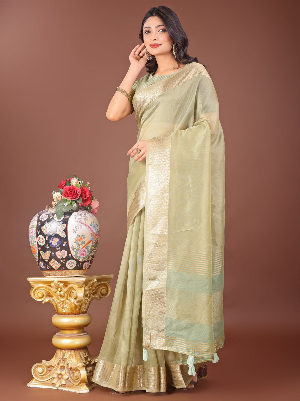 Light Green Linen Saree with Golden Zari Border and Rich Pallu