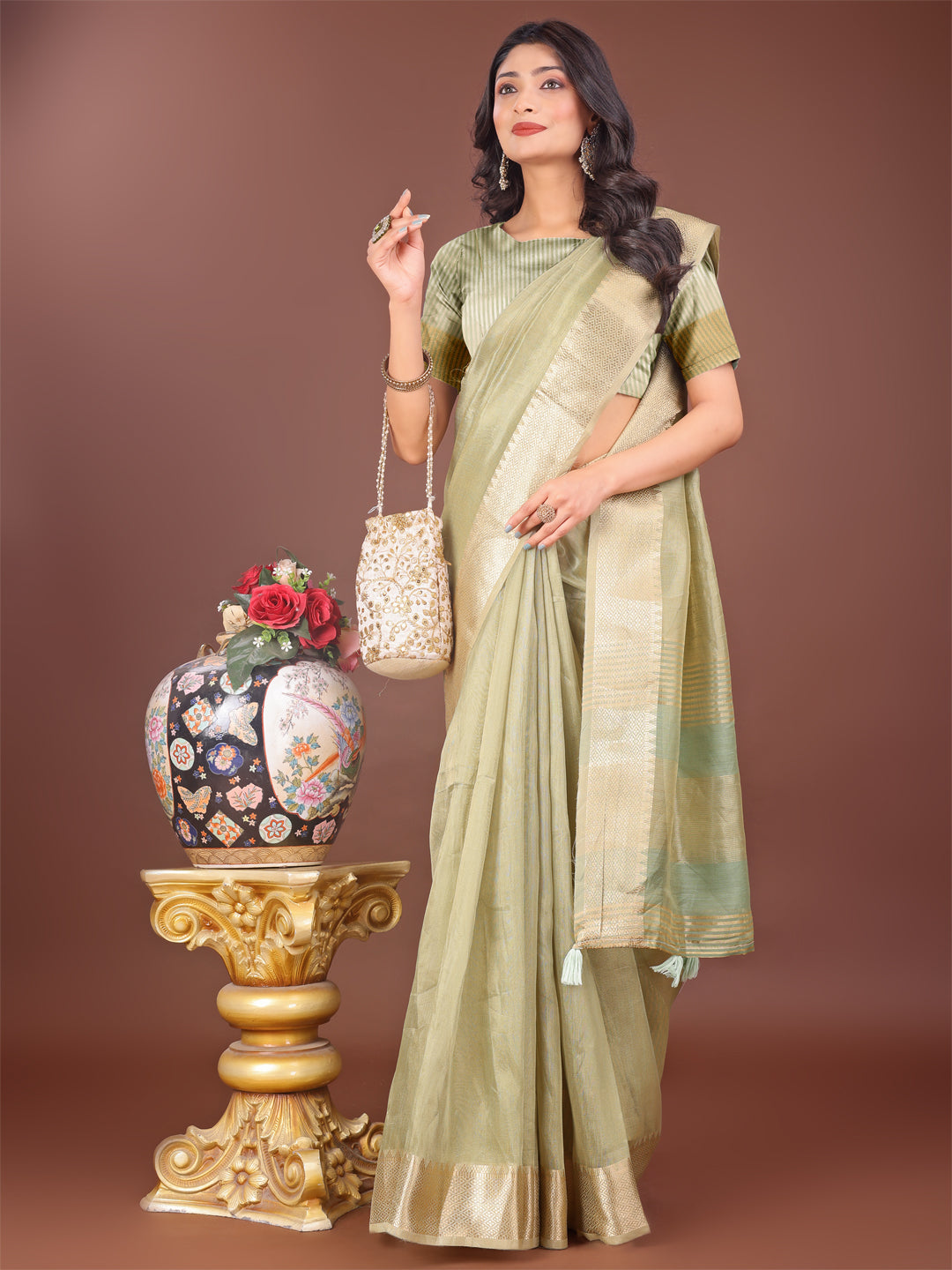 Light Green Linen Saree with Golden Zari Border and Rich Pallu