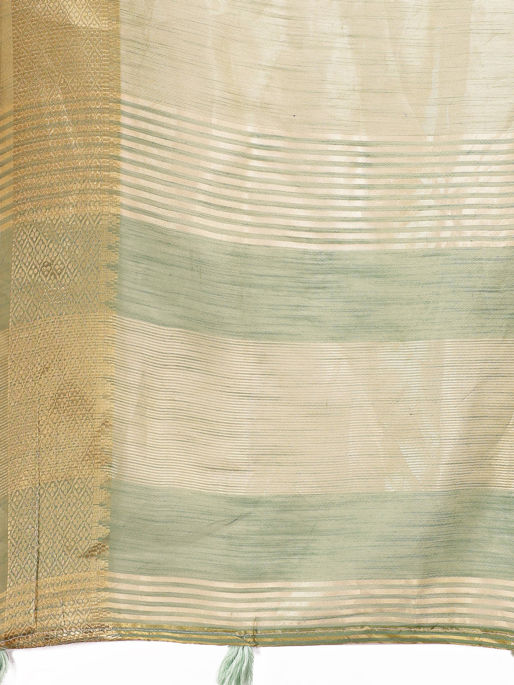 Light Green Linen Saree with Golden Zari Border and Rich Pallu