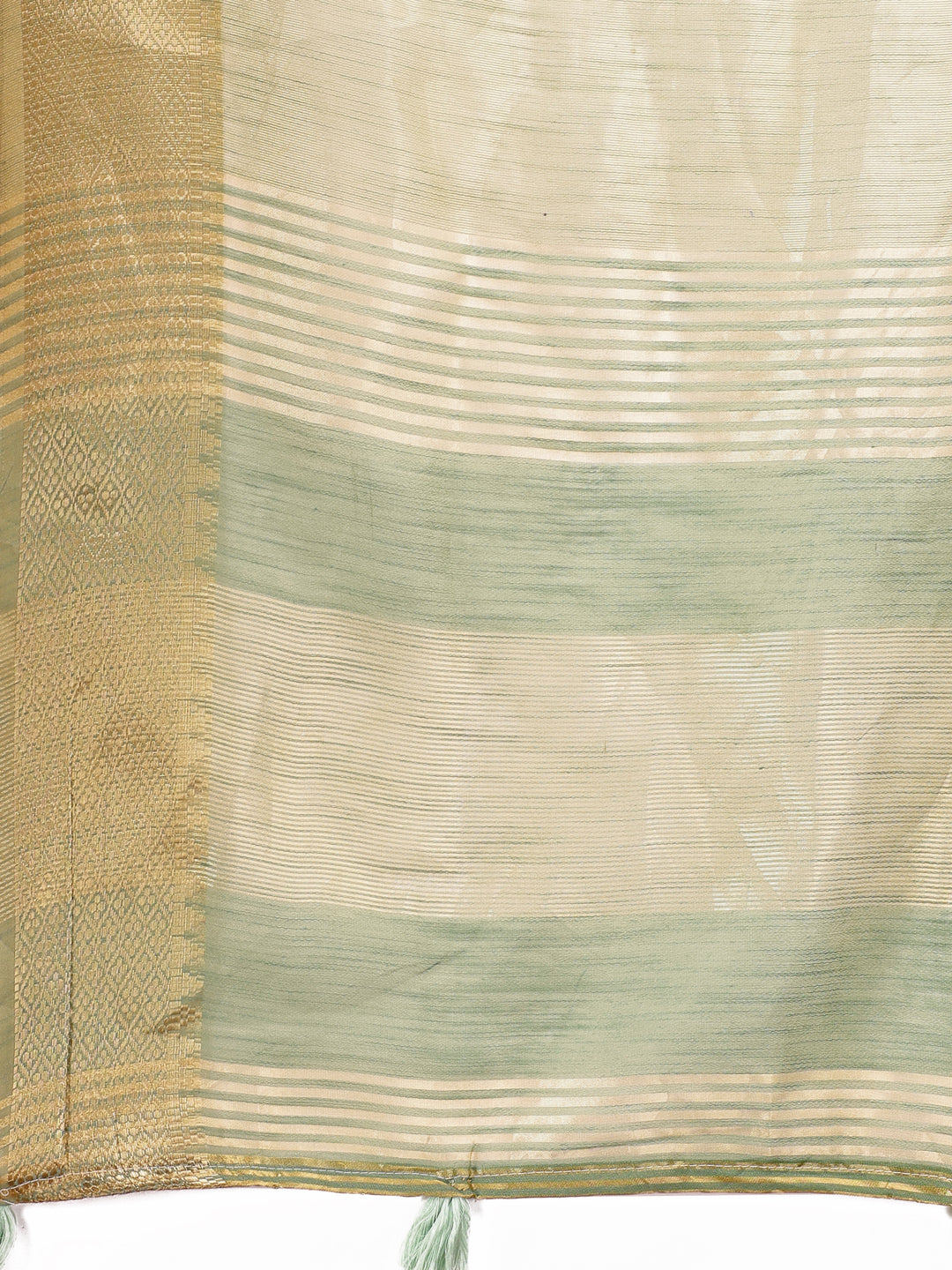 Light Green Linen Saree with Golden Zari Border and Rich Pallu