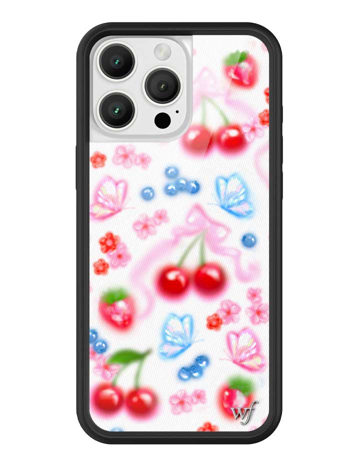Sweet Cherries iPhone case with a white background, red cherry and butterfly airbrush print, and a black protective rubber bumper.