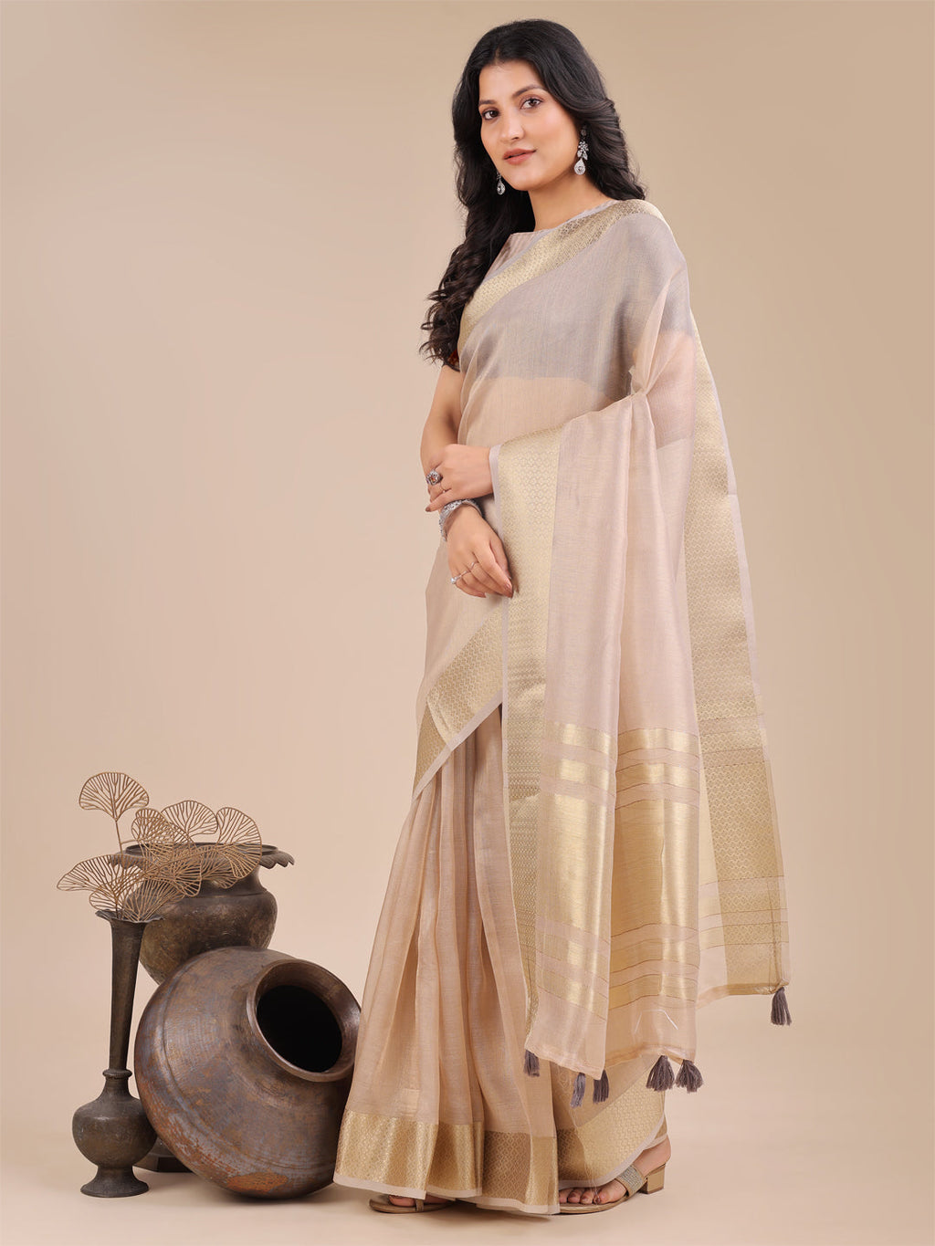 Light Pink Organza Woven Zari Saree with Traditional Tassels
