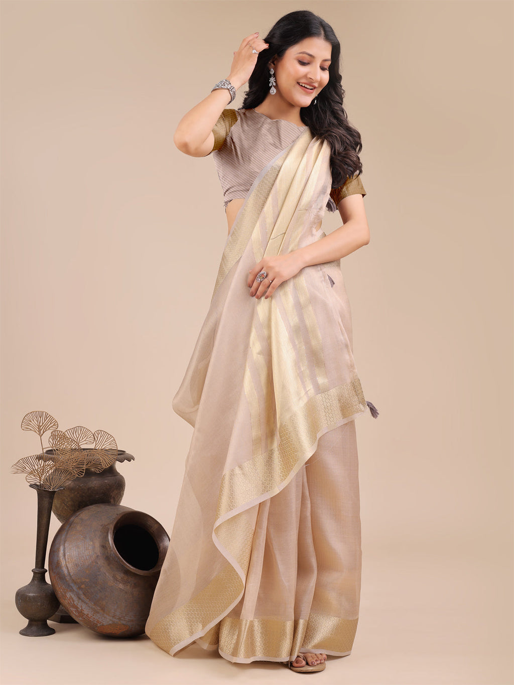 Light Pink Organza Woven Zari Saree with Traditional Tassels