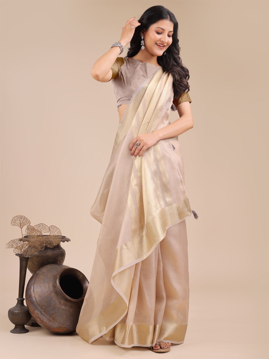 Light Pink Organza Woven Zari Saree with Traditional Tassels