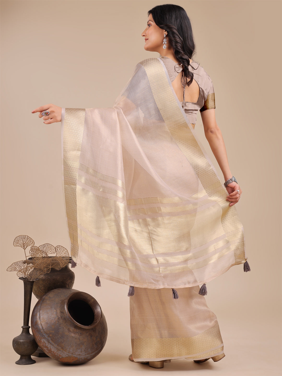 Light Pink Organza Woven Zari Saree with Traditional Tassels
