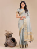 Sky blue organza saree with zari work and tassel details