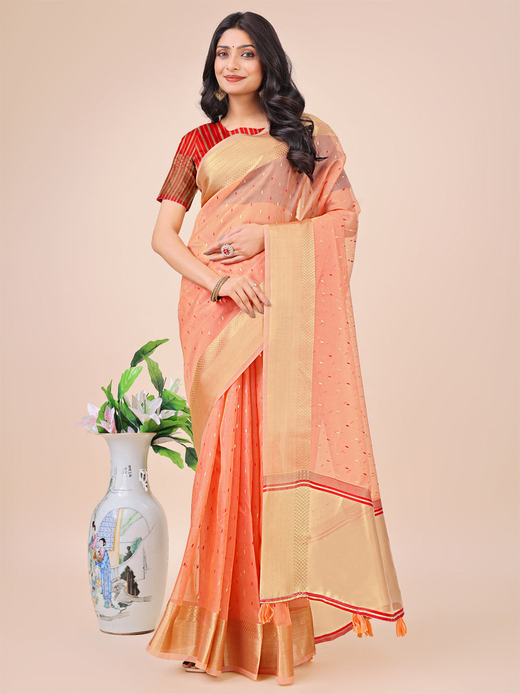 Shree Shyam Fashion Peach Gold Organza Silk Saree - Lightweight Luxury for Your Ethnic Moments