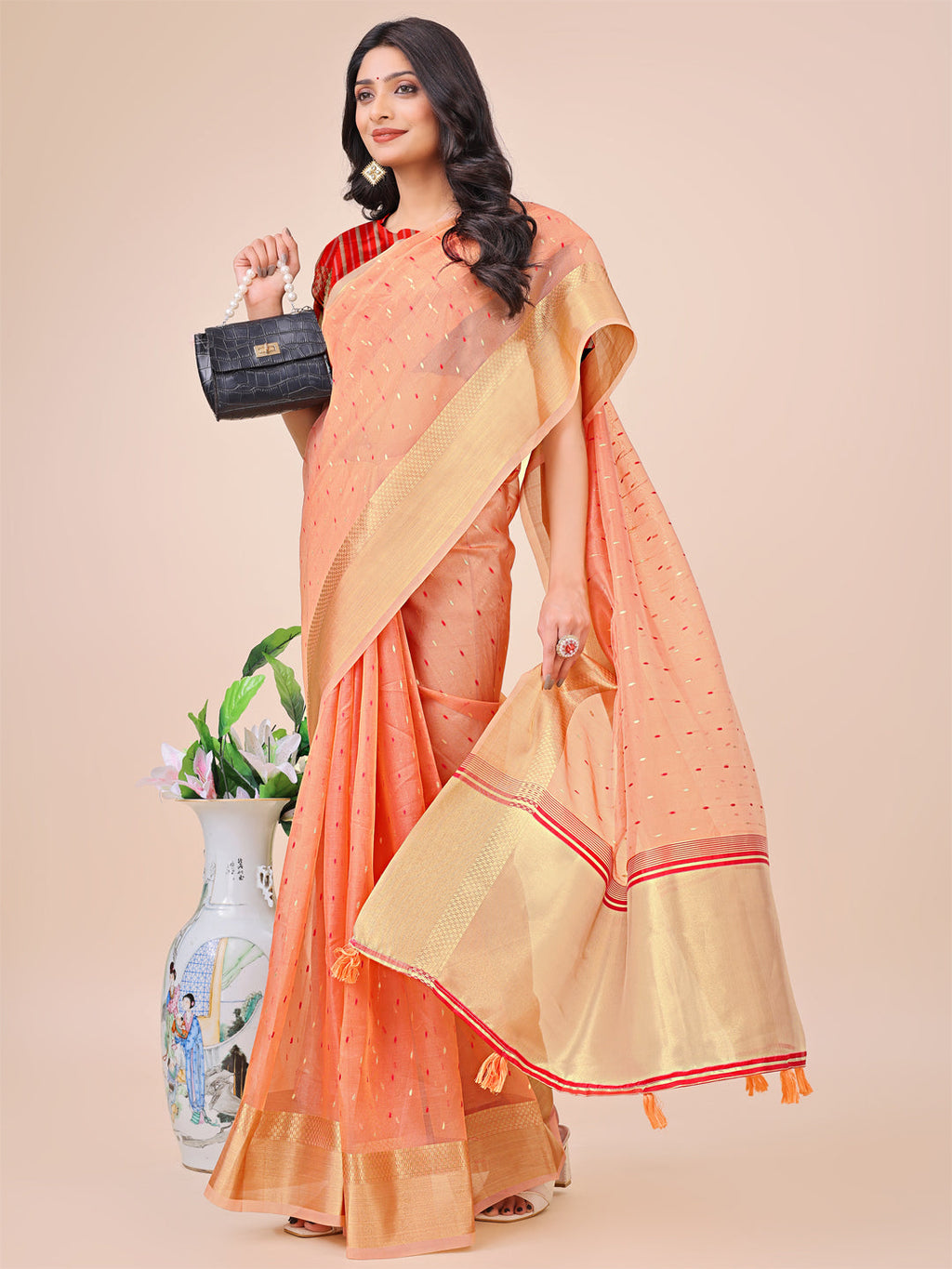 Shree Shyam Fashion Peach Gold Organza Silk Saree - Lightweight Luxury for Your Ethnic Moments