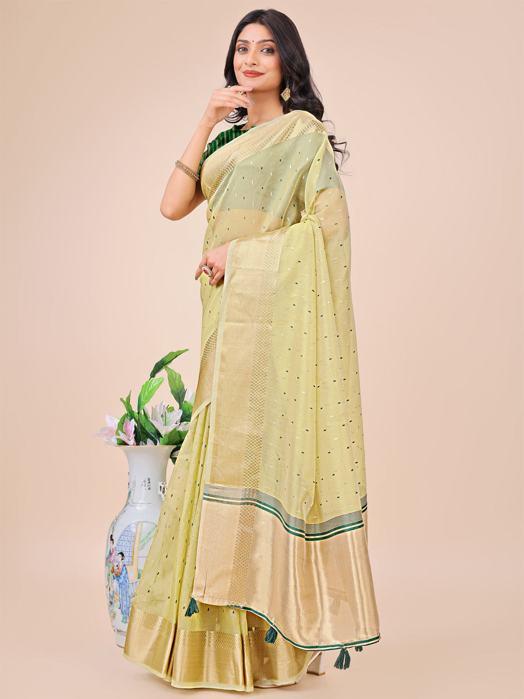 Light Green Gold Organza Silk Saree with Woven Patterns