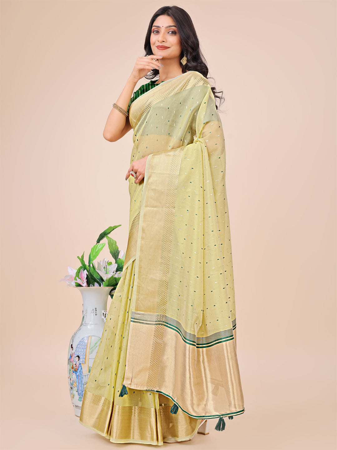 Light Green Gold Organza Silk Saree with Woven Patterns