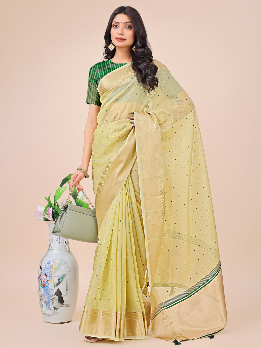 Light Green Gold Organza Silk Saree with Woven Patterns