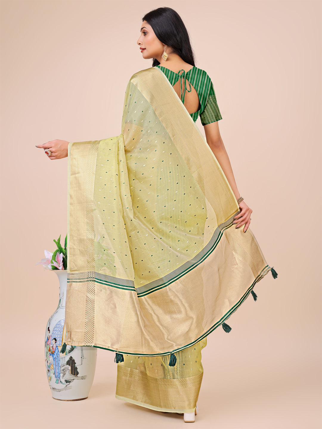 Light Green Gold Organza Silk Saree with Woven Patterns
