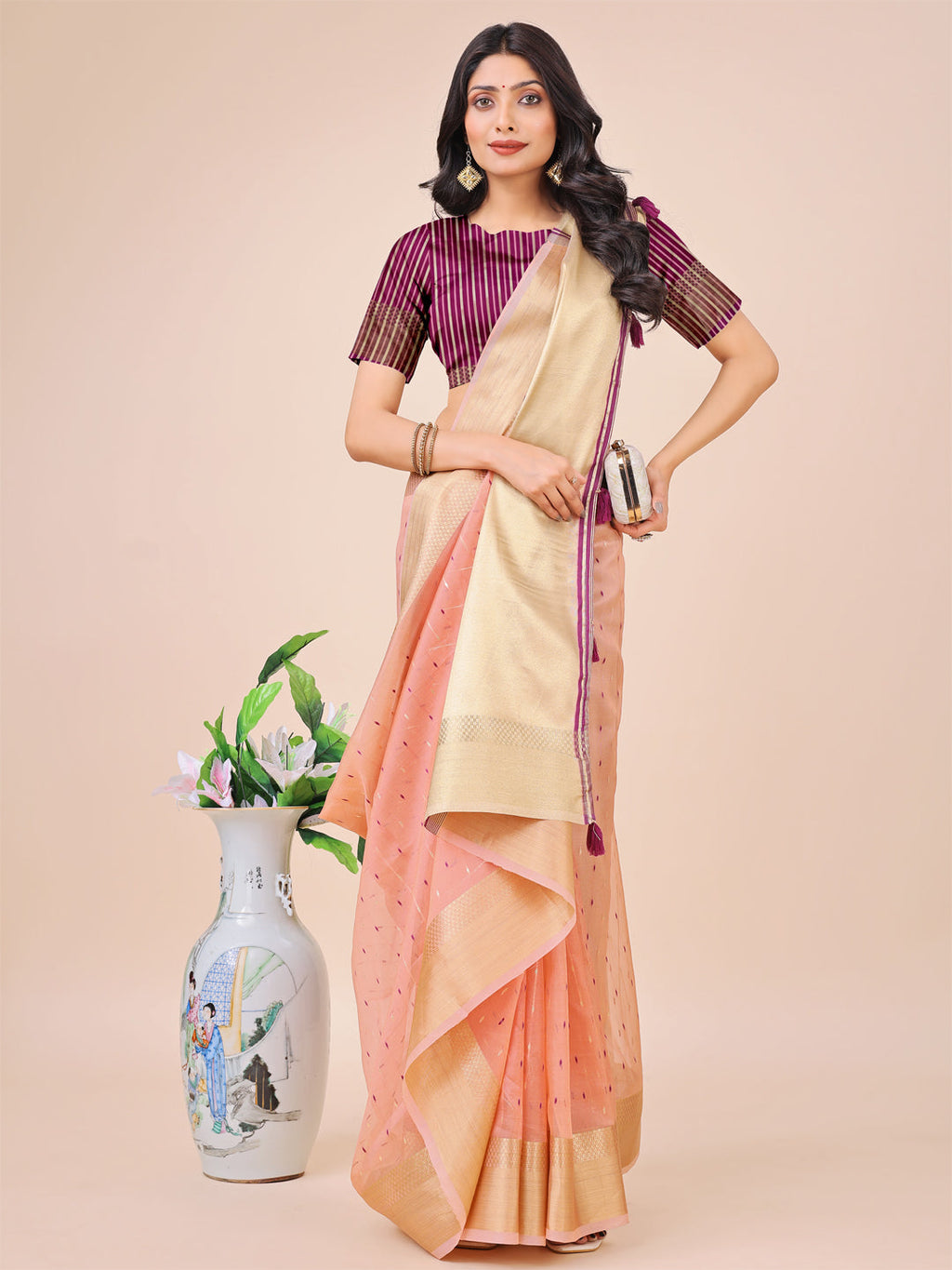 Shree Shyam Fashion Light Pink Gold Organza Silk Saree - Lightweight Luxury for Your Ethnic Moments
