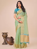 Green organza silk saree with golden border and intricate woven details