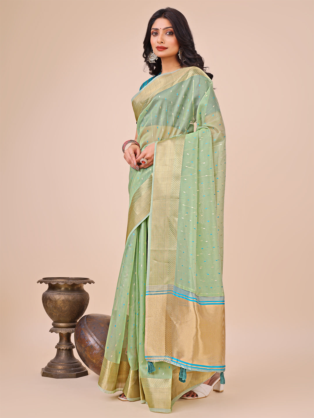 Green Gold Organza Silk Saree with Radiant Border