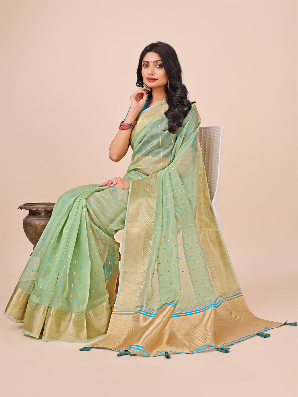 Green Gold Organza Silk Saree with Radiant Border