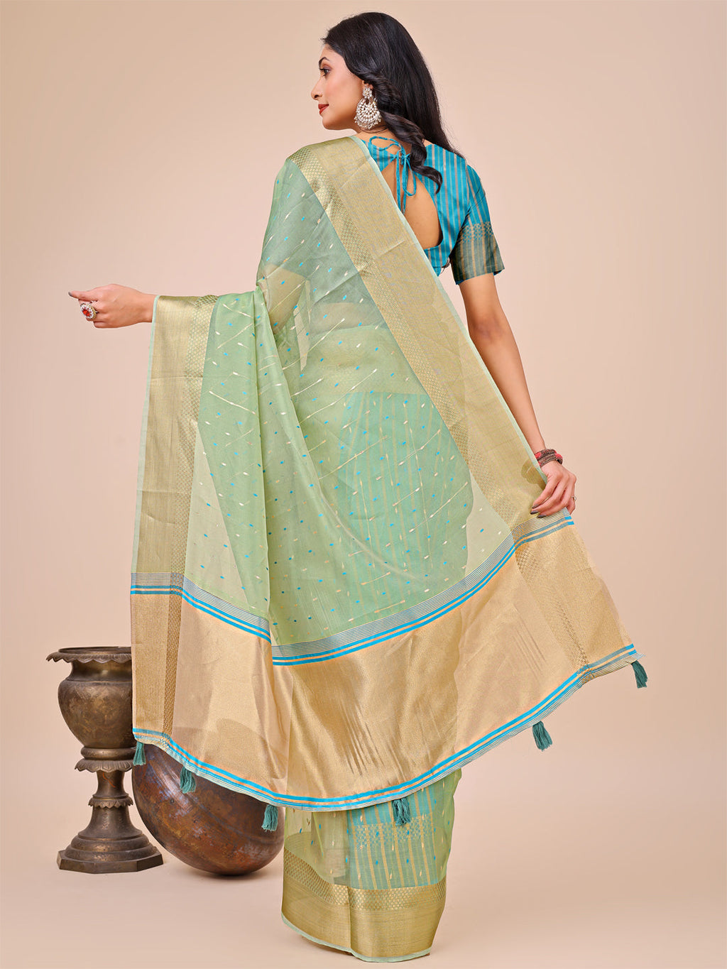 Green Gold Organza Silk Saree with Radiant Border