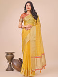 Bright yellow organza silk saree with gold border and woven motifs
