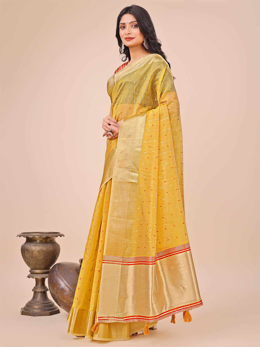 Yellow Gold Organza Silk Saree with Radiant Border