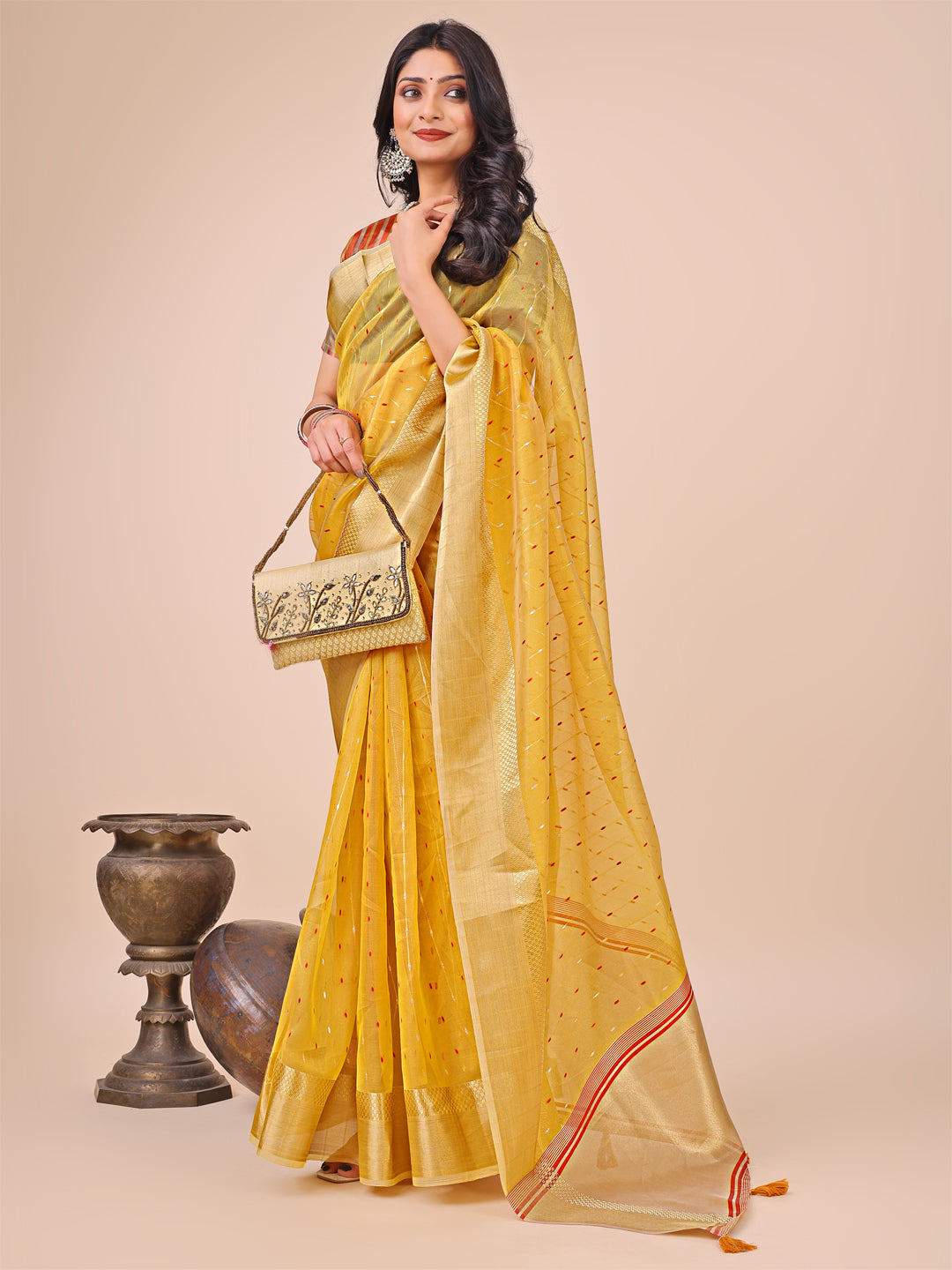 Yellow Gold Organza Silk Saree with Radiant Border