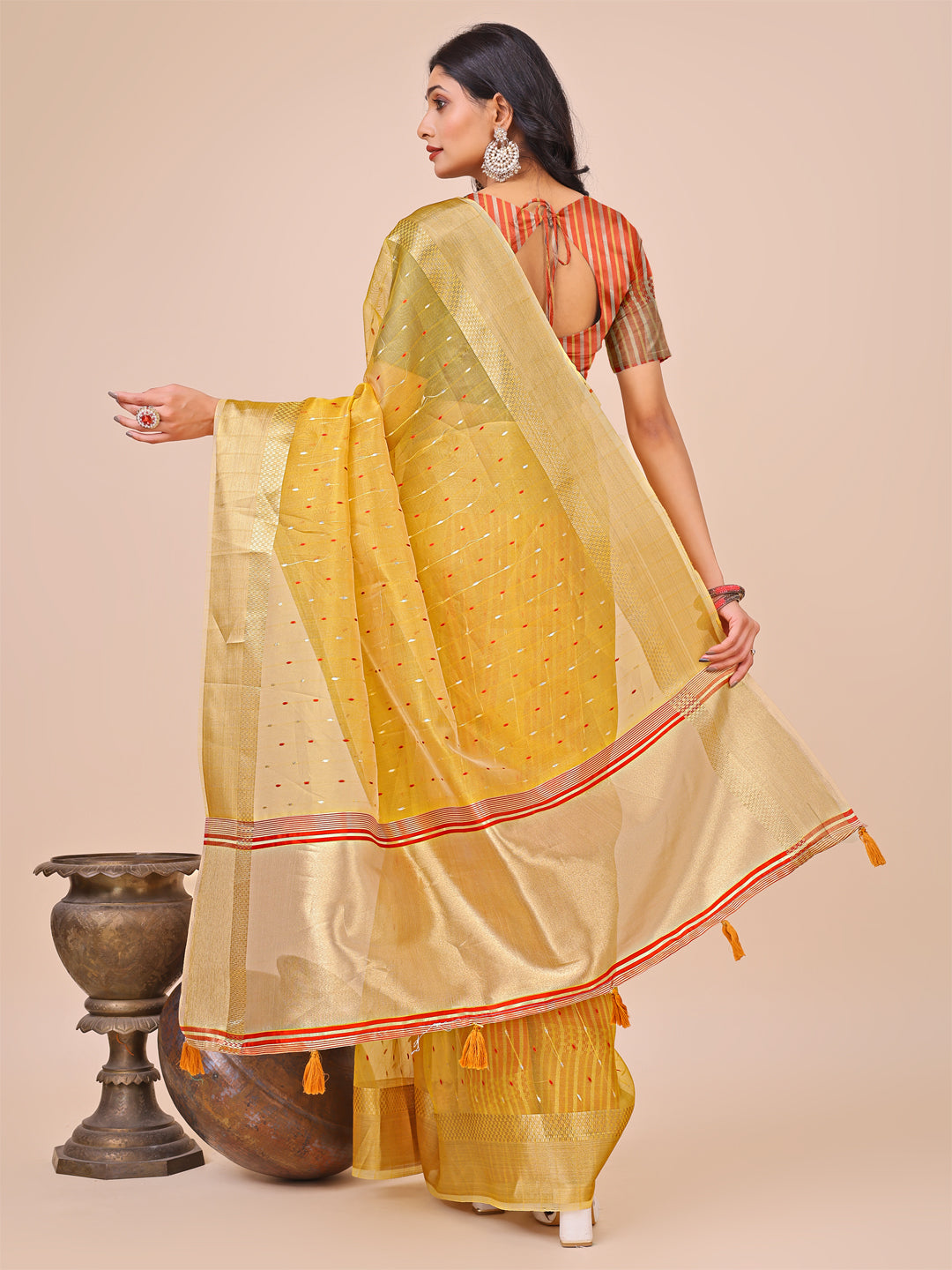Yellow Gold Organza Silk Saree with Radiant Border