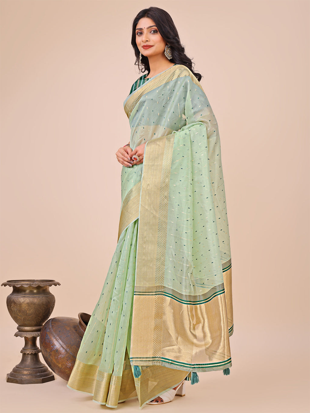 Olive Green Gold Organza Silk Saree for Festive Wear