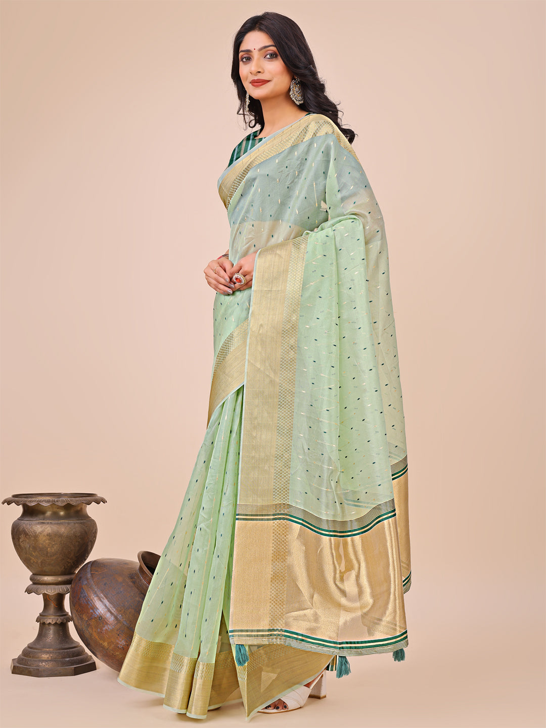 Olive Green Gold Organza Silk Saree for Festive Wear