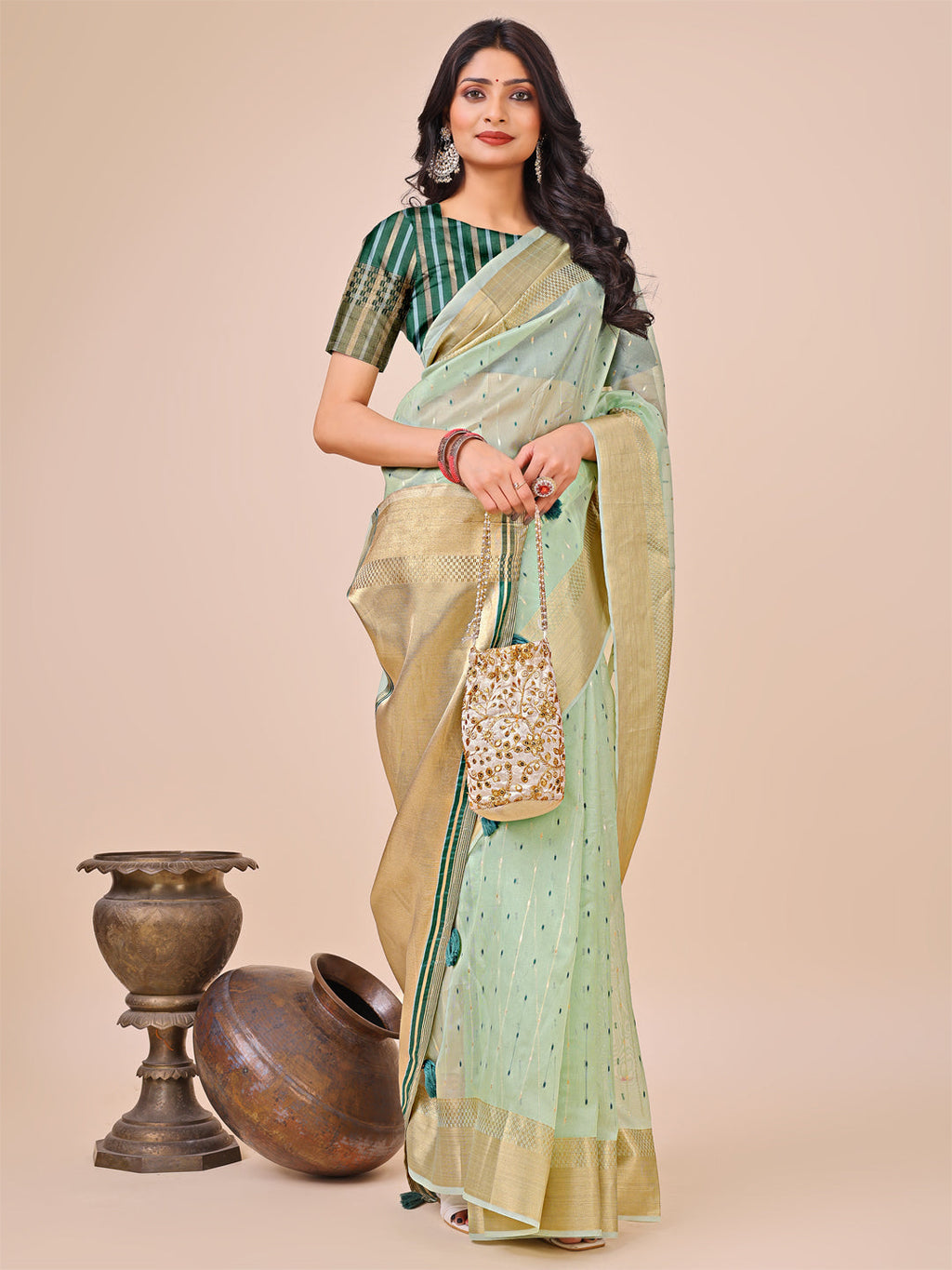 Olive Green Gold Organza Silk Saree for Festive Wear