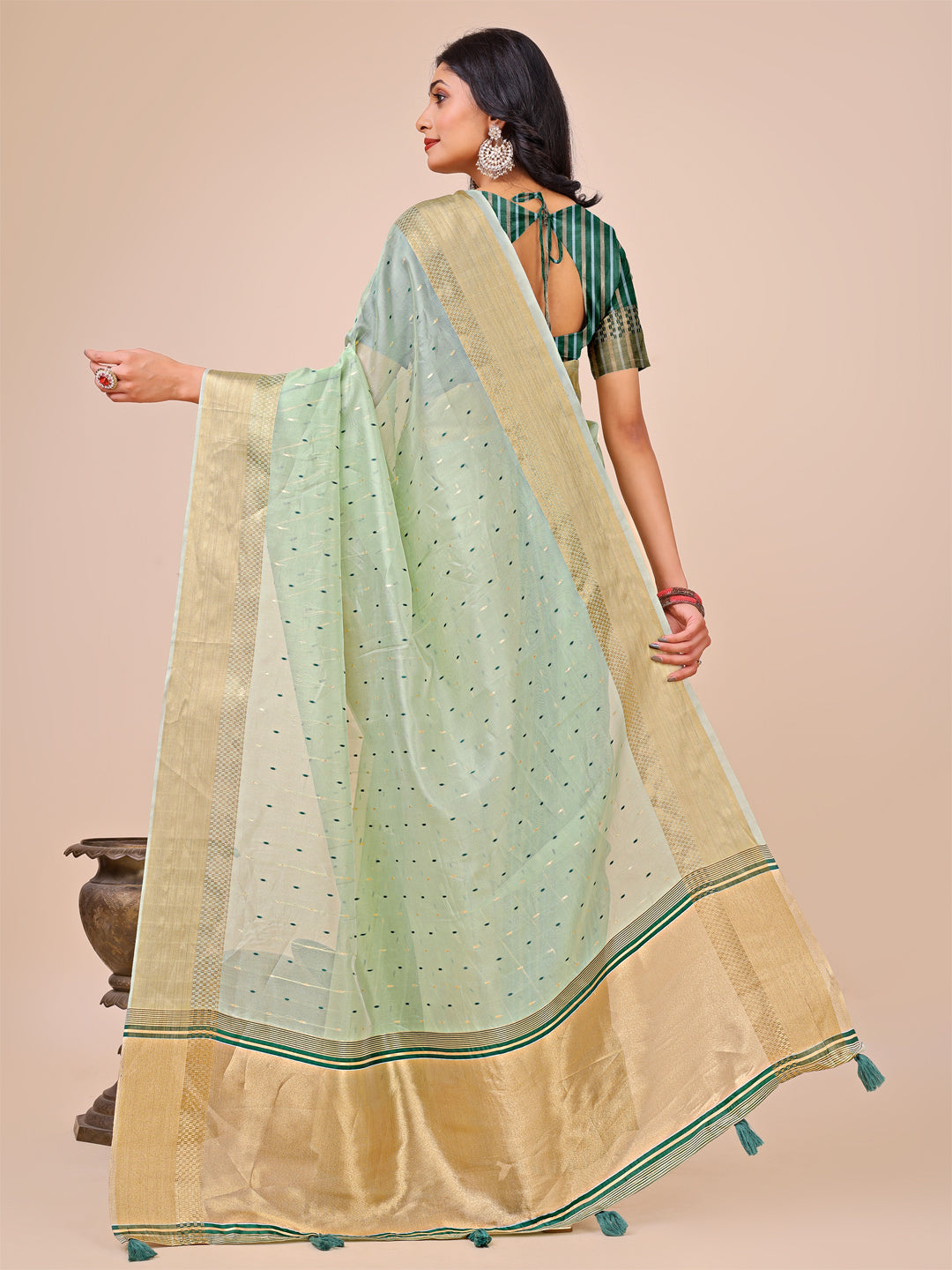 Olive Green Gold Organza Silk Saree for Festive Wear